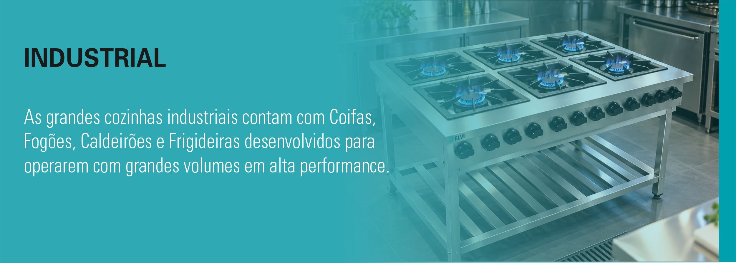 Industrial — as grandes cozinhas industriais contam com Coifas, Fogões, Caldeirões e Frigideiras desenvolvidos para operarem com grandes volumes em alta performance